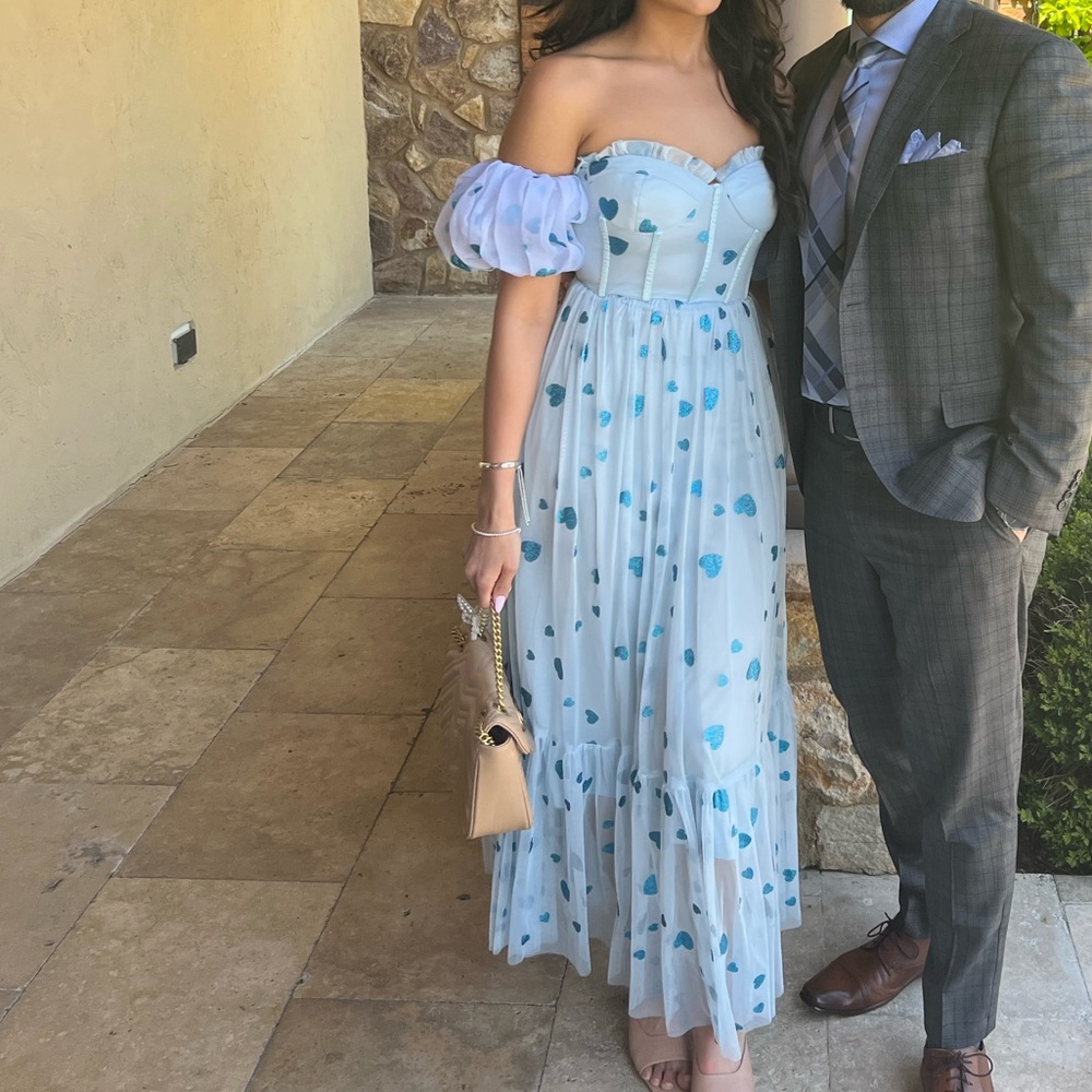 ASOS Lace & Beads exclusive corset puff sleeve dress in powder blue heart size S